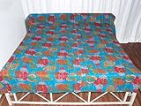 Floral Hand Block Sky Blue Print Bedspread bed sheet Art Decor with Thread  ....