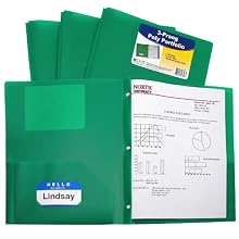 C-Line Two-Pocket Heavyweight Poly Portfolio with Prongs, For Letter Size Papers, Includes Business Card Slot, 1 Case of 25 Portfolios, Green (33963)