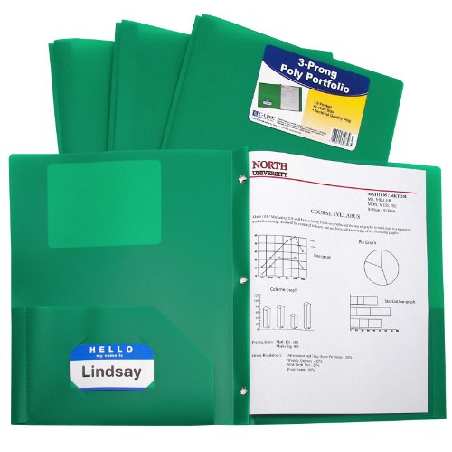 C-Line Two-Pocket Heavyweight Poly Portfolio with Prongs, For Letter Size Papers, Includes Business Card Slot, 1 Case of 25 Portfolios, Green (33963)