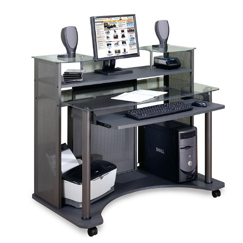 Saturn Centre Mobile Metal Computer Desk with Glass Top
