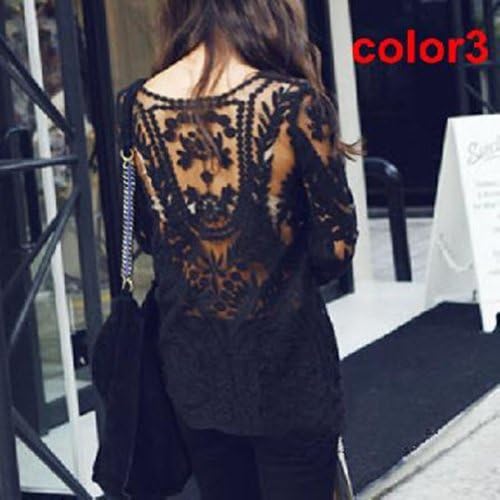 global shopping@2013 New Semi Sexy Sheer Sleeve Embroidery Floral Lace Crochet Tee Top T shirt Vintage Black Color
