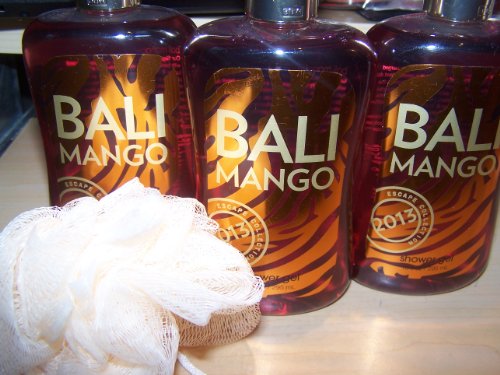 Lot of 3 Bath & Body Works Escape Collection 2013 Bali Mango Shower Gel W Free Bath Pouf