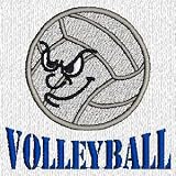 Custom embroidered mean face volleyball ball design on denim shirt