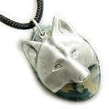Protection Wolf Mask Amulet Green Moss Agate Pendant Necklace