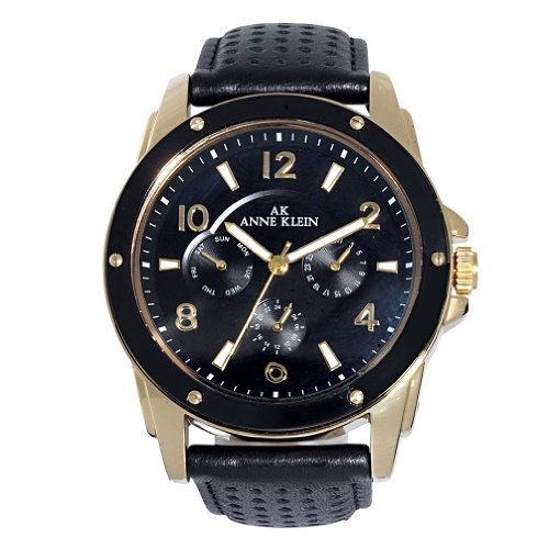 AK Anne Klein Women's 109656BKBK Gold-Tone Black Plastic Bezel and Black Leather Strap Watch