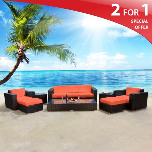 Bahama Modern Outdoor Patio Wicker Sectional Furniture 8 Piece Set Tangerine