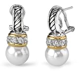 Demure Elegance: Designer Inspired Sterling Silver Cable Style Two-Tone Faux Pearl Earrings with White CZ Diamonds by Peora