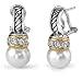 Demure Elegance: Designer Inspired Sterling Silver Cable Style Two-Tone Faux Pearl Earrings with White CZ Diamonds