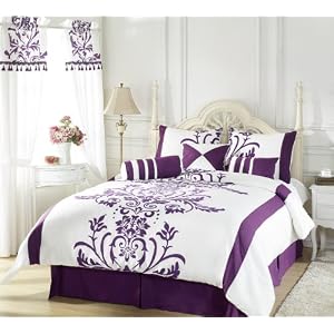 Chezmoi Collection 7 Pieces White with Purple Floral Flocking Duvet Cover Set for Queen Size Bedding