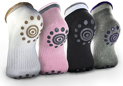 BEST Non Slip Skid Yoga Pilates Socks with Grips Cotton for Women Pack of 4 size 8-10