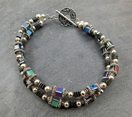 Metallic Swarovski Crystal Elements Hematite Bali Sterling Silver Two Strand Bracelet