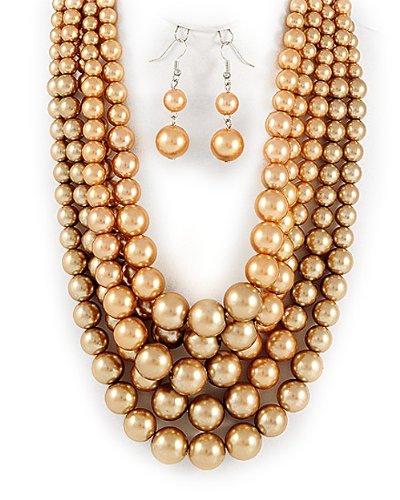 Light Brown Synthetic Pearl Multi Strand Graduated Necklace and Earrings Set Fashion Jewelry Picture
