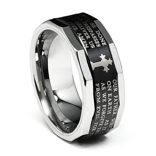 9MM Wellingsale LUXE Series Comfort Fit Wedding Band Ring with Black PVD Coating, Laser Etched Engraved Lords Prayer Passage, Diamond Beveled Edges and Gothic Cross in Brushed and Polished Finish for Men and Women Size - 9.5
