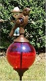 Basking Bird Rustic Iron Garden Stake with Red Gazing Globe