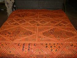 Banjara Vintage Mirror Sari Embroidery Bedspreads Orange Tapestry King Bedcover 90x108