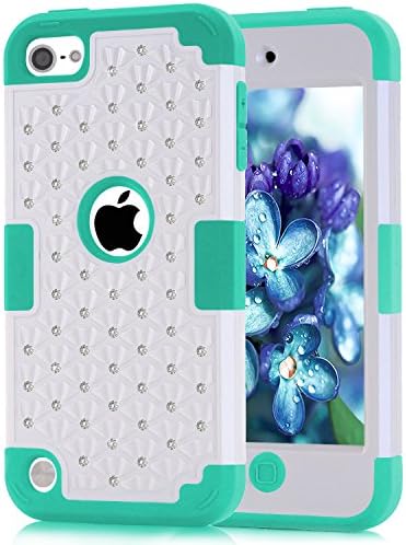 iPod Touch 5 Touch 6 Case,Durable 3in1 PC+Silicone Design Bumper Slim Crystal Bling Hybrid Armor Case fit for iPod Touch 5 Touch 6 Generation (White/Grass)