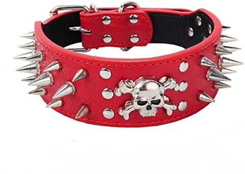 18.8"-22" Skull Stylish Red Faux Croc Leather Spiked Dog Collar 2" Wide