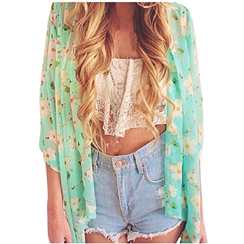 Shensee Supple Women Floral Printed Half Sleeve Chiffon Kimono Cardigan Tops Blouse
