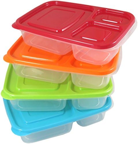 3-Compartment Bento Lunch Box Containers, Easily Opened By Kids, Reusable (4 Pack - Different Colors)