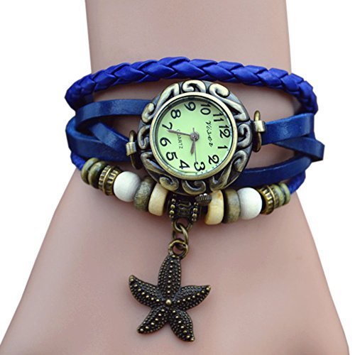 DAYAN Women Starfish Charm Quartz Weave Wrap Around Leather Belt Bracelet Lady Wrist Watch Blue
