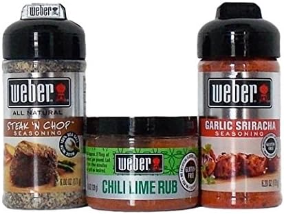 Weber All Natural Gluten-Free Seasoning Blend And Rub 3 Flavor Variety Bundle: (1) Weber Garlic Sriracha Seasoning Blend, (1) Weber Chili Lime Rub, and (1) Weber Steak 'N Chop Seasoning Blend, 4.5-6.2 Oz. Ea. (3 Total)