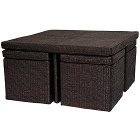 Rustic Design Game Table Hibachi Style - 31" Square Rush Grass Coffee Table Set with 4 Stools - Natural or Mocha Finish