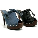 New Womens Clogs Mules Studded Platform Wooden Heel Shoes Sz 3-8