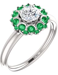 10K White Gold Round Cut Diamond and Emerald Flower Inspired Ring -- LIFETIME WARRANTY