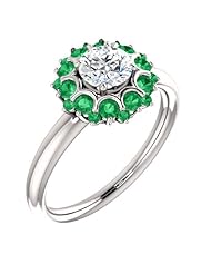 14K White Gold Round Cut Diamond and Emerald Flower Inspired Ring -- LIFETIME WARRANTY