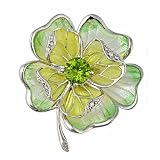 Handmade sterling silver and hand Basse Taille and plique-a-jour enameled flower pin or brooch with peridot centre and diamond accents