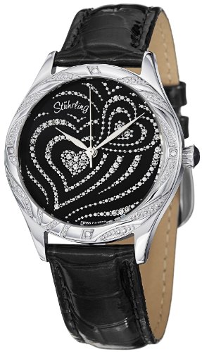 Stuhrling Original Women's 582.22151 Amour Aphrodite Elegante Swiss Quartz Swarovski Crystal Black Leather Strap Watch