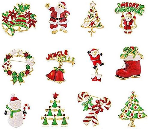 Floweralight Crystal Rhinestone Christmas Series Brooch Pin Christmas Tree Brooch For Girls (12pcs)