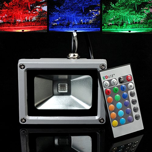 LVJING 10W RGB Led Flood Light Spotlight, 16 Color Changing Security Light, Waterproof, with a US Plug and Remote Control, for Home Garden Patio Yard Driveway Pond Garage Sidewalk Backyard