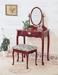 Coaster Queen Anne Style Vanity Table Stool/Bench and Mirror Set, Cherry Finish Wood