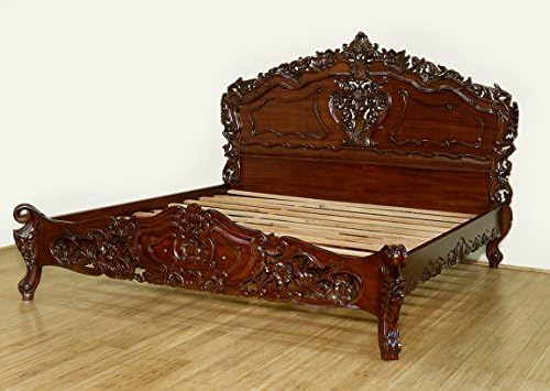 Solid Dark Mahogany Carved French Style Rococo King Bed