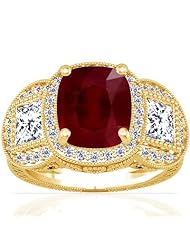 18K Yellow Gold Cushion Cut Ruby Ring With Sidestones