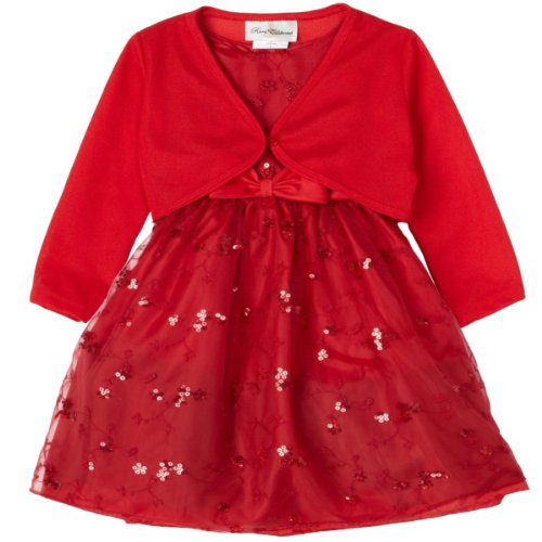 Rare Editions NEWBORN/INFANT 3M-24M 3-Piece RED SEQUINED EMBROIDERED MESH OVERLAY Special Occasion Flower Girl Holiday Party Dress/Shrug Set