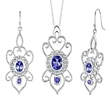 Dazzlingly Amorous Oval & Round Shape Sapphire Pendant Earrings Set in Sterling Silver