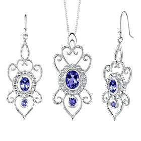 Dazzlingly Amorous Oval & Round Shape Sapphire Pendant Earrings Set in Sterling Silver