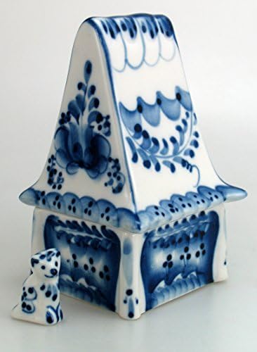Gzhel: Hand Crafted Box with Cat Figurine "Teremok" Pottery Inspired Porcelain, Handmaid and Handpainted Blue and White Decor, Limited Authentic Eastern European Tableware