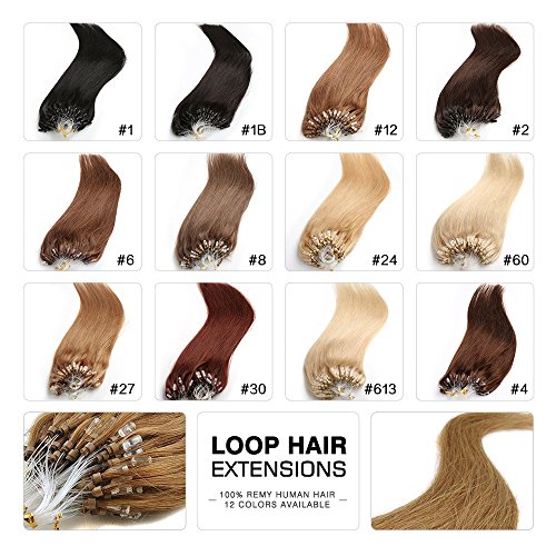 Fabwigs Micro Loop Ring Human Extensions - 18 20 22 Inch 100pcs 50g Set - Silky Straight Loop Weft Human Remy Hair (12 Colors Available)