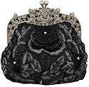 Antique Beaded Rose Evening Handbag, Clasp Purse Clutch w/Removable Chain