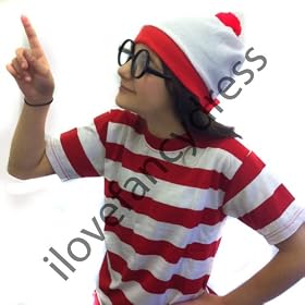 FUNNY FANCY DRESS BOYS GIRLS CHILDRENS SET WITH STRIPPED RED & WHITE T-SHIRT,HAT GLASSES CHILD SIZE LARGE AGE 10-15