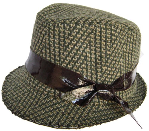 Dream Control Wool Tweed Fedora Low Profile Trilby with Patent Leather Hat Band