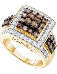 1.50 Carat (ctw) 10k Yellow Gold Round White & Cognac Diamond Ladies Fashion Right Hand Ring 1 1/2 CT