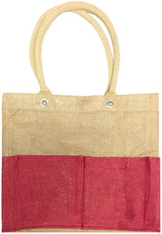 Good Life Gear Laminated Natural Jute Red Laminated Travel Totes Waterproof Reusable Travel Luggage Grocery Tote 15x12x6"