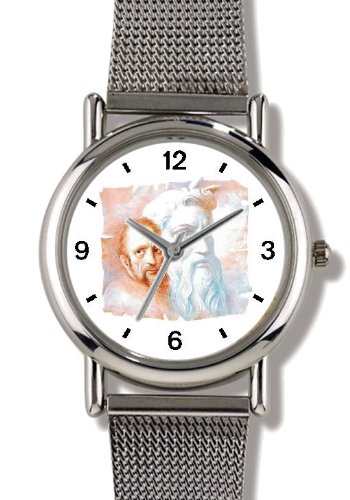 Michelangelo with Statue of Moses in Background - WATCHBUDDY® ELITE Chrome-Plated Metal Alloy Watch with Metal Mesh Strap-Size-Large ( Men's Size or Jumbo Women's Size )