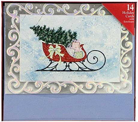 Holiday Cards - Sleigh with Tree & Packages, Embossed Scroll Border - 14 Cards with Envelopes