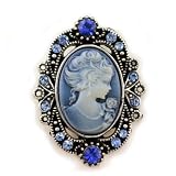 Royal Blue Cameo Brooch Pin Charm Antique Silver Tone Grey Stones Oval Ladies Women Fashion Jewelry Necklace Pendant Compatible