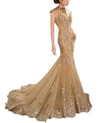 Mermaid Applique Vintage Backless Tulle Floor Length High-Neck Evening Dress 